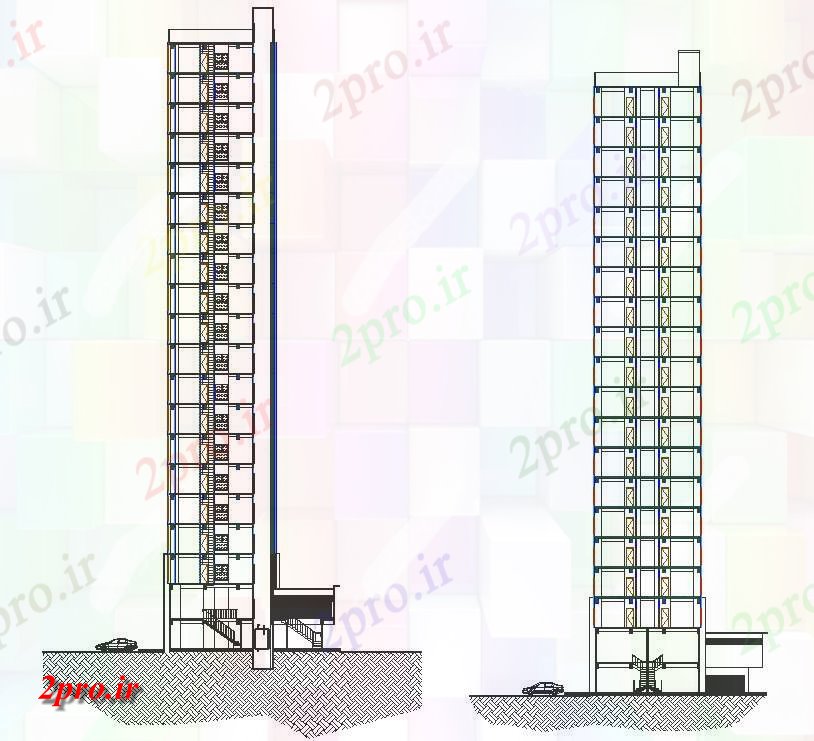 دانلود نقشه پلان مقطعی    دو بعدی  از ساختمان بلند نما و بخش جزئیات زیبا    (کد159544)