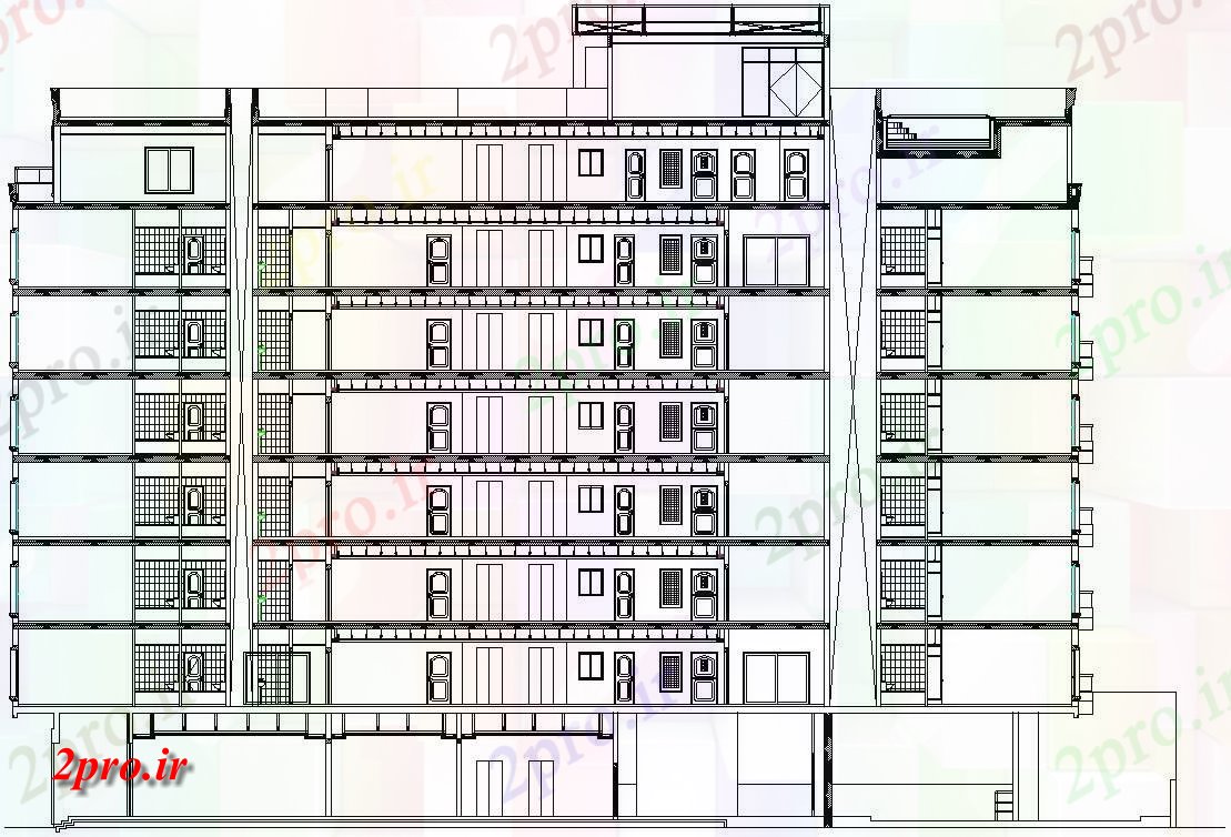 دانلود نقشه پلان مقطعی    دو بعدی  از G + 7 ساختمان بلند نما زیبا و بخش  (کد159549)