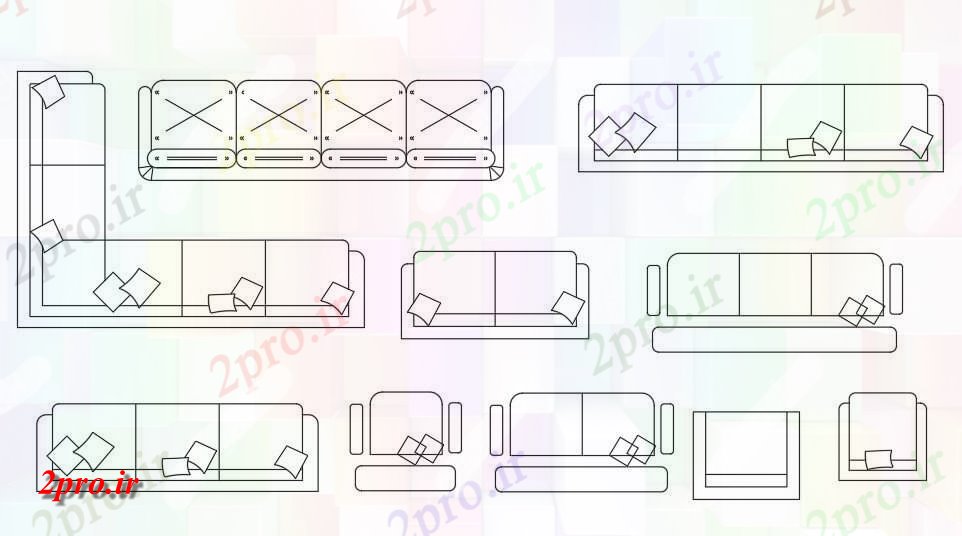 دانلود نقشه بلوک مبلمان انواع مختلف دو بعدی  اتاق نشیمن مبل طراحی مبلمان ،    (کد159554)