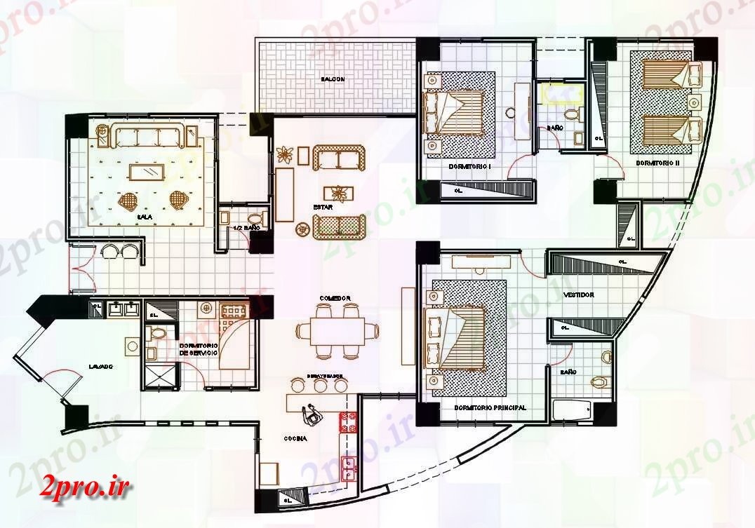 دانلود نقشه مسکونی ، ویلایی ، آپارتمان اتاق خواب خانه طرحی با مبلمان چیدمان نشیمن به 16 در 21 متر (کد159588)