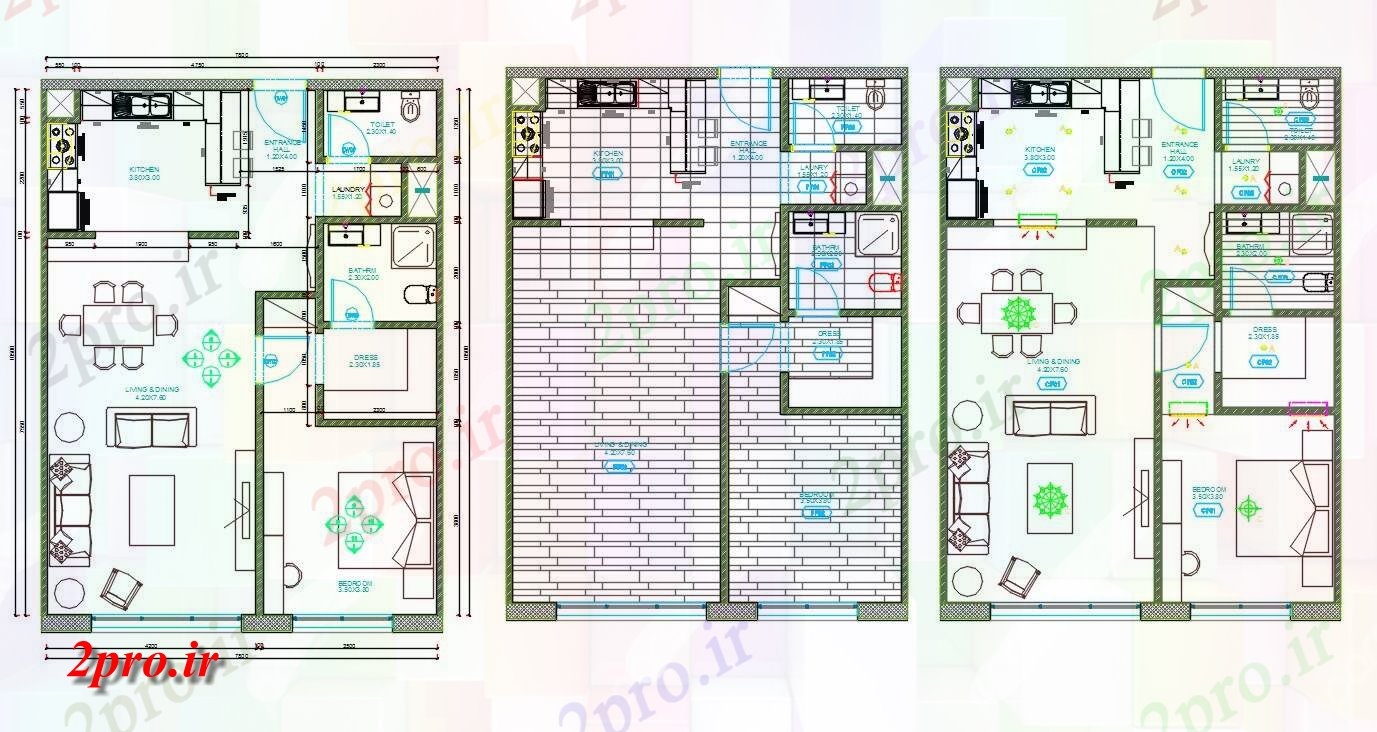 دانلود نقشه مسکونی ، ویلایی ، آپارتمان BHK معماری خانه طبقه همکف با مبلمان چیدمان 8 در 11 متر (کد159589)