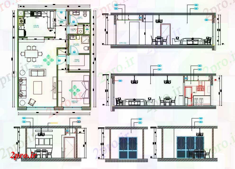 دانلود نقشه مسکونی ، ویلایی ، آپارتمان خانه طرحی با بخش نشیمن مبلمان 8 در 11 متر (کد159593)
