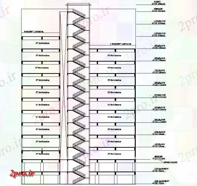 دانلود نقشه ساختمان مرتفع   دو بعدی  از G + 11 طرف ساختمان نما پله و بخش جزئیات بلند (کد159605)