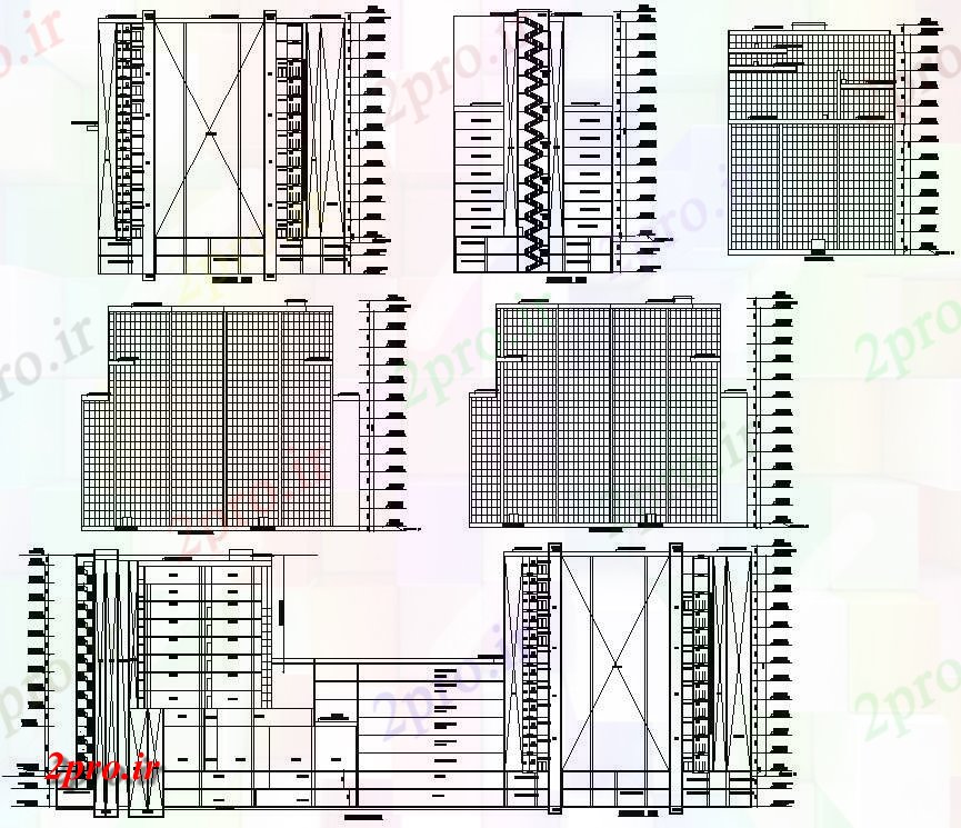 دانلود نقشه ساختمان مرتفع   نشان دادن جزئیات از چند دان بلند طرحی ساختمان بخش راه پله   دو بعدی   (کد159606)