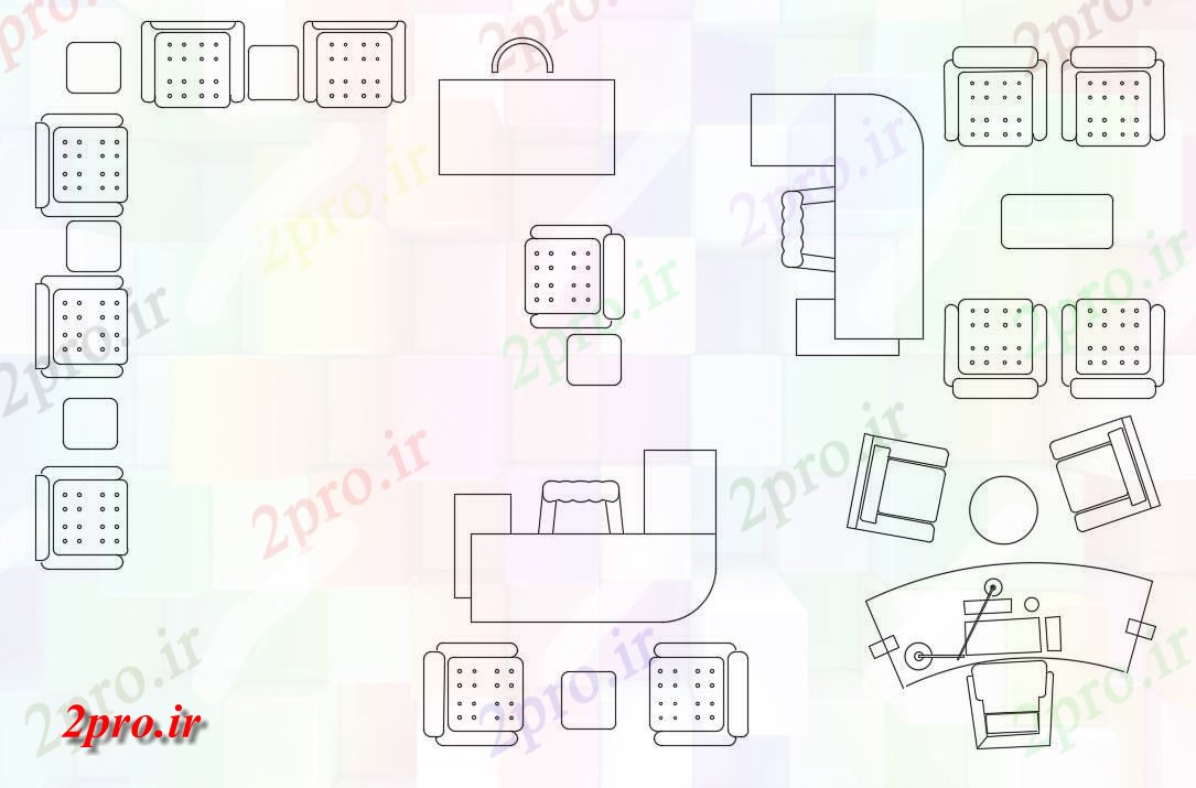 دانلود نقشه بلوک مبلمان    از انواع مختلفی از جداول شکل L و صندلی بلوک طراحی نما،   (کد159623)