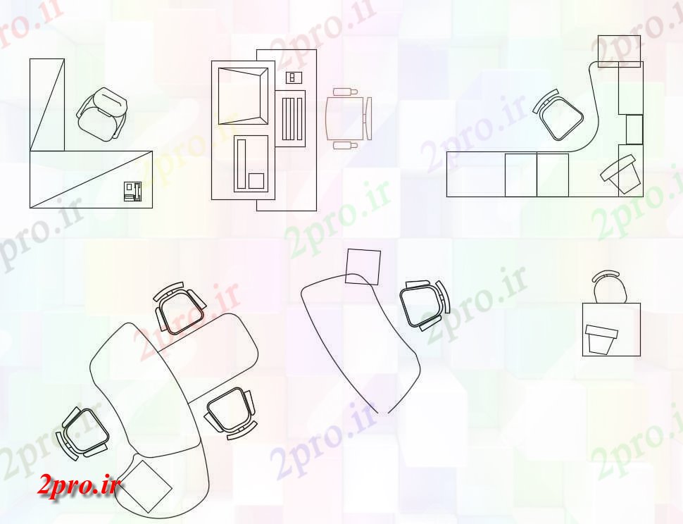 دانلود نقشه بلوک مبلمان    از انواع مختلف میز و صندلی های اداری بلوک طراحی نما،   (کد159624)