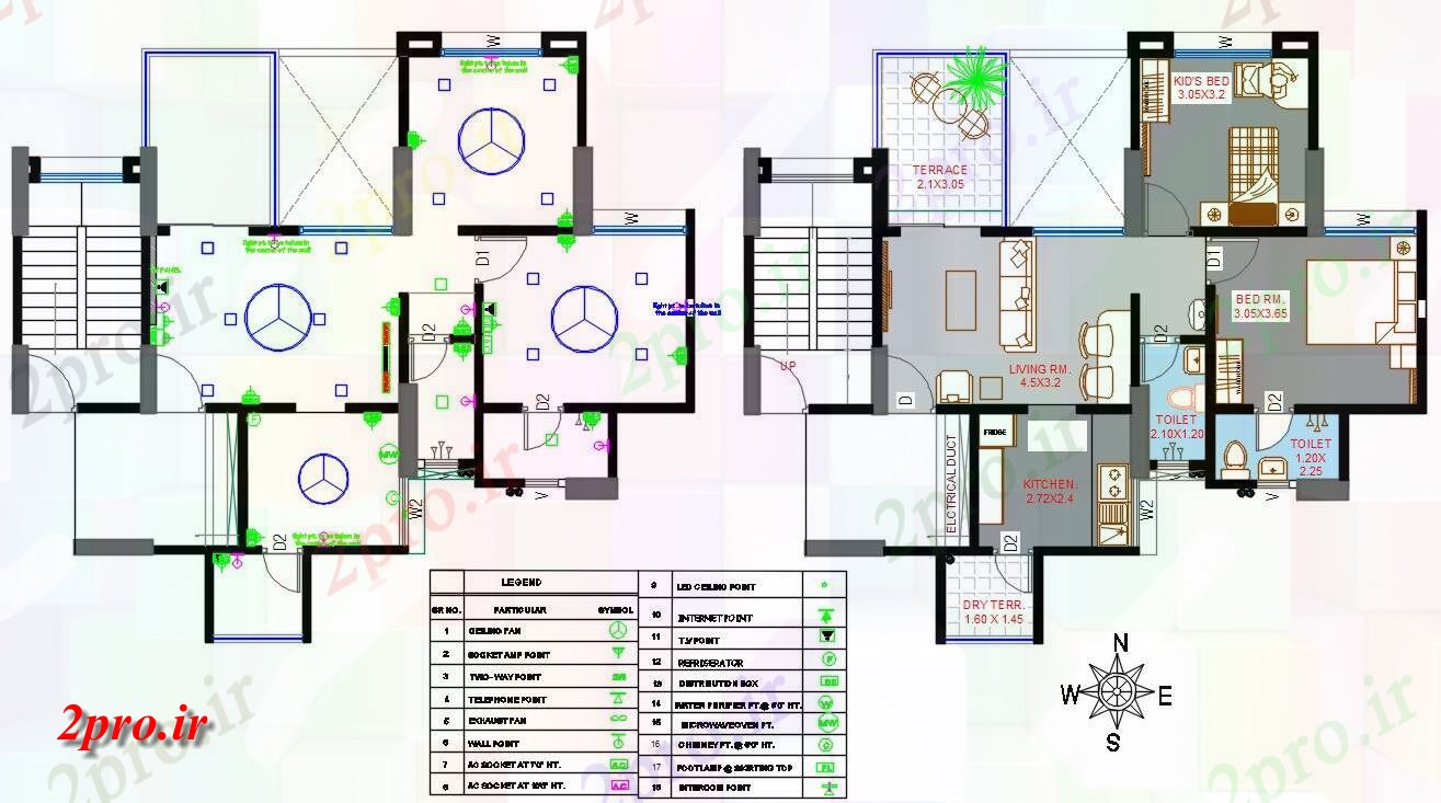 دانلود نقشه مسکونی  ، ویلایی ، آپارتمان  جنوبی روبرو 2 BHK خانه طرحی و طرحی برق با برنامه  (کد159632)