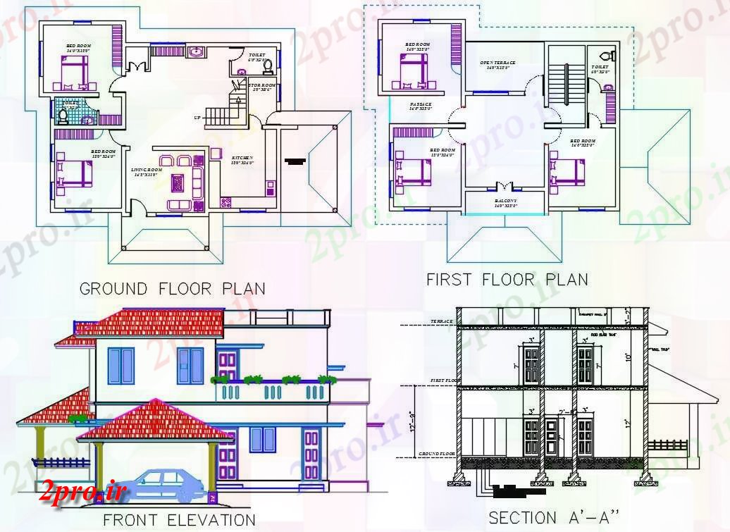 دانلود نقشه مسکونی ، ویلایی ، آپارتمان طرحی خانه BHK با مقطعی نما 12 در 16 متر (کد159634)