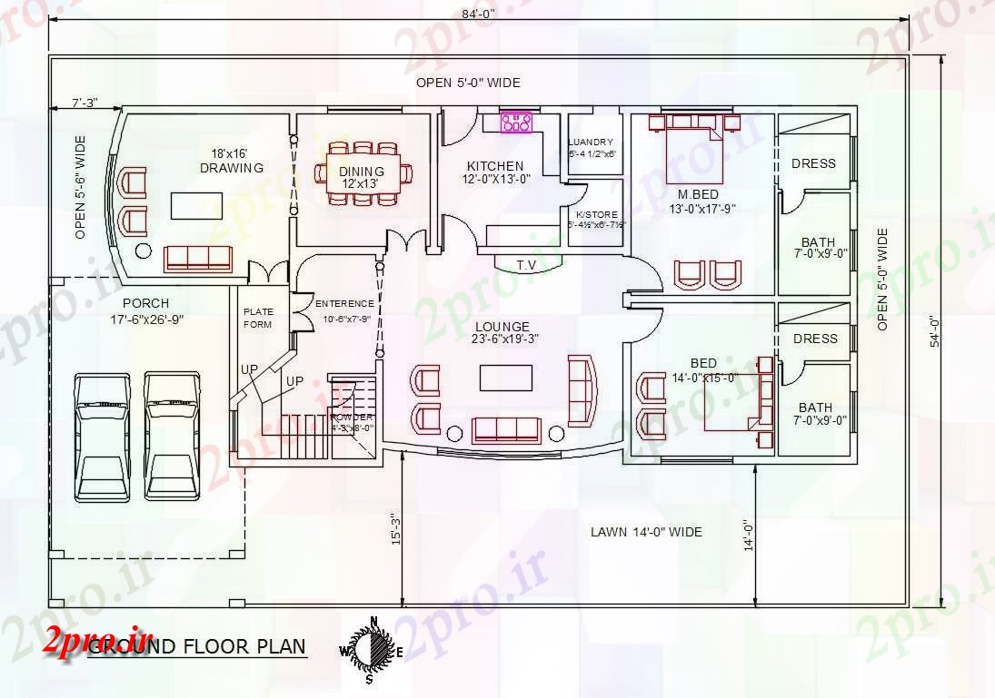 دانلود نقشه مسکونی ، ویلایی ، آپارتمان غرب در مواجهه با 54 'X 84 خانه طبقه همکف طرحی 16 در 25 متر (کد159636)