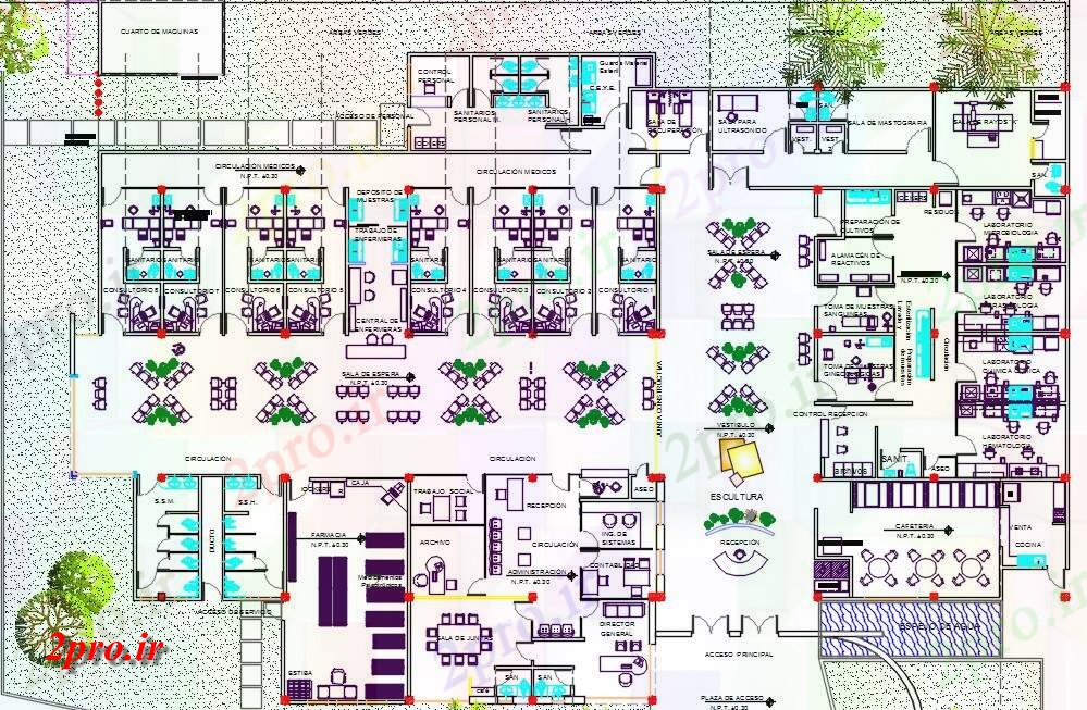 دانلود نقشه بیمارستان - درمانگاه - کلینیک بیمارستان با مبلمان 33 در 47 متر (کد159642)