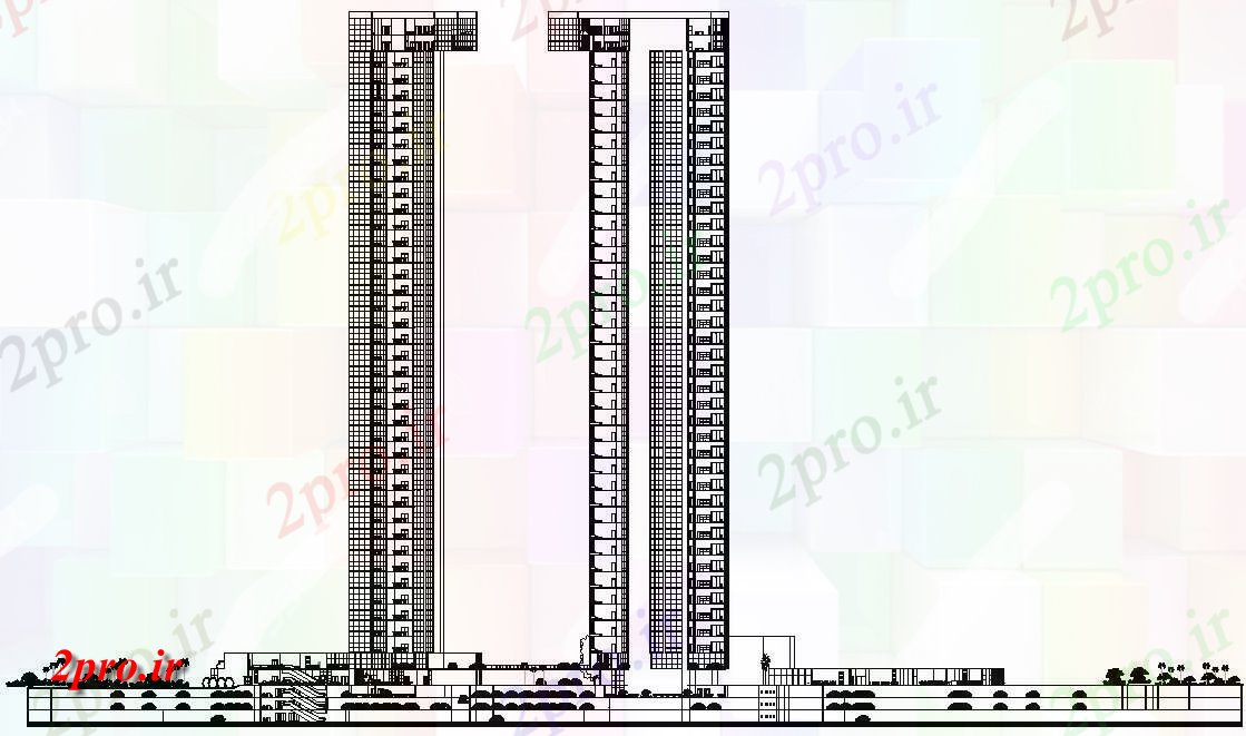 دانلود نقشه پلان مقطعی   از چند طبقه بخش ساختمان بلند و نما جزئیات    (کد159651)