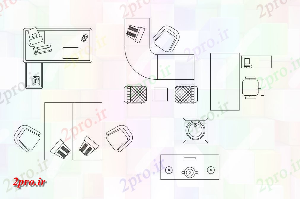 دانلود نقشه بلوک مبلمان   از انواع مختلف میز و صندلی های اداری با کامپیوتر بلوک طراحی نما،   (کد159660)