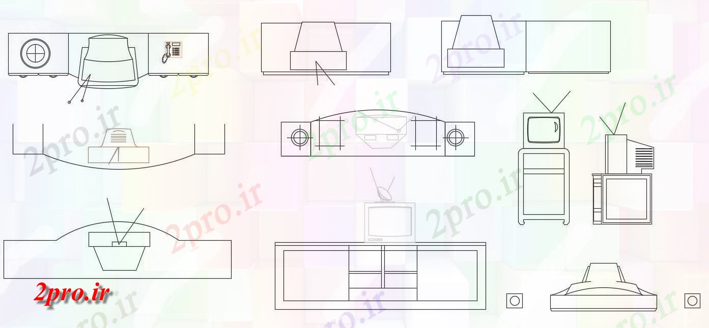 دانلود نقشه بلوک مبلمان   از انواع مختلف از بلوک تلویزیون   (کد159665)