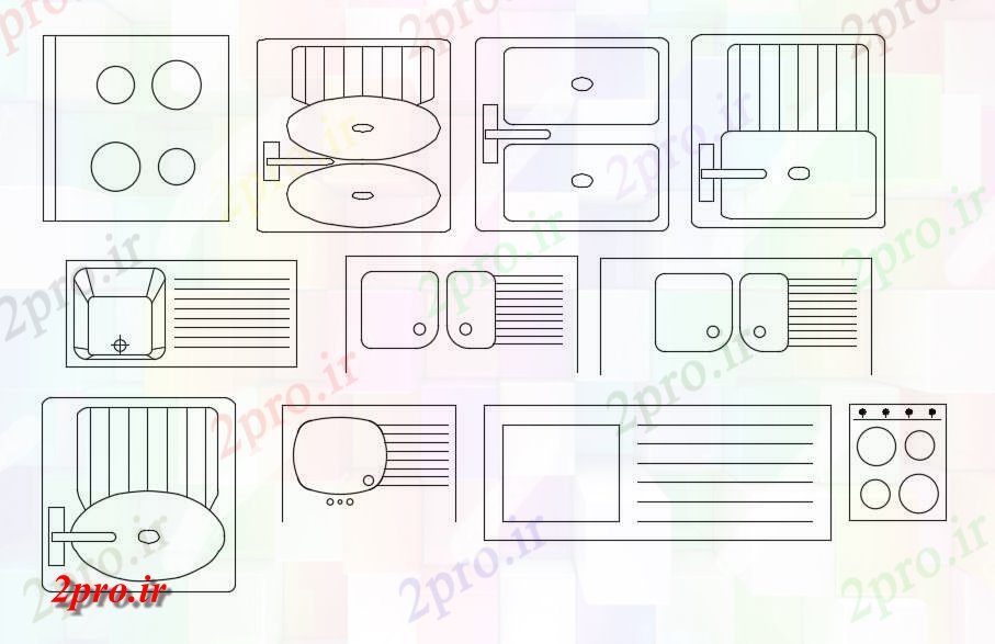 دانلود نقشه بلوک مبلمان  دو بعدی  رسم  از انواع مختلف قالب طرحی بلوک لگن دستشویی،   (کد159666)