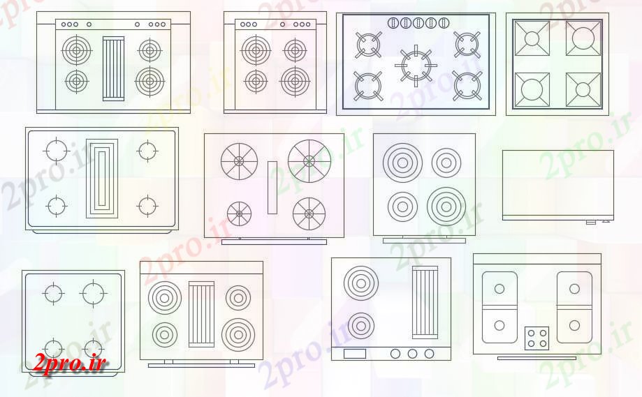 دانلود نقشه بلوک مبلمان اتوکد دو بعدی  رسم  از انواع مختلفی از طرحی بلوک اجاق گاز   (کد159667)