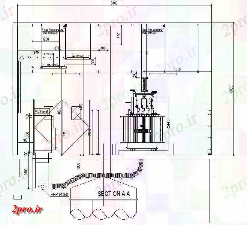 دانلود نقشه پلان مقطعی   رسم  از اتاق ترانسفورماتور نما و بخش جزئیات    (کد159679)