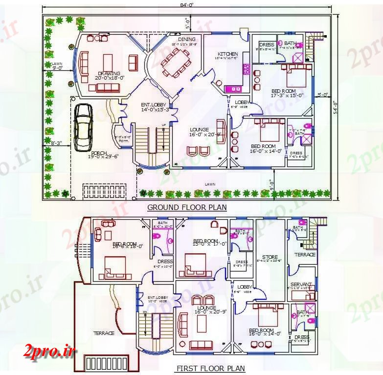 دانلود نقشه مسکونی ، ویلایی ، آپارتمان طرحی خانه طبقه همکف و طبقه اول 54'X84 'با مبلمان نشیمن 16 در 24 متر (کد159693)