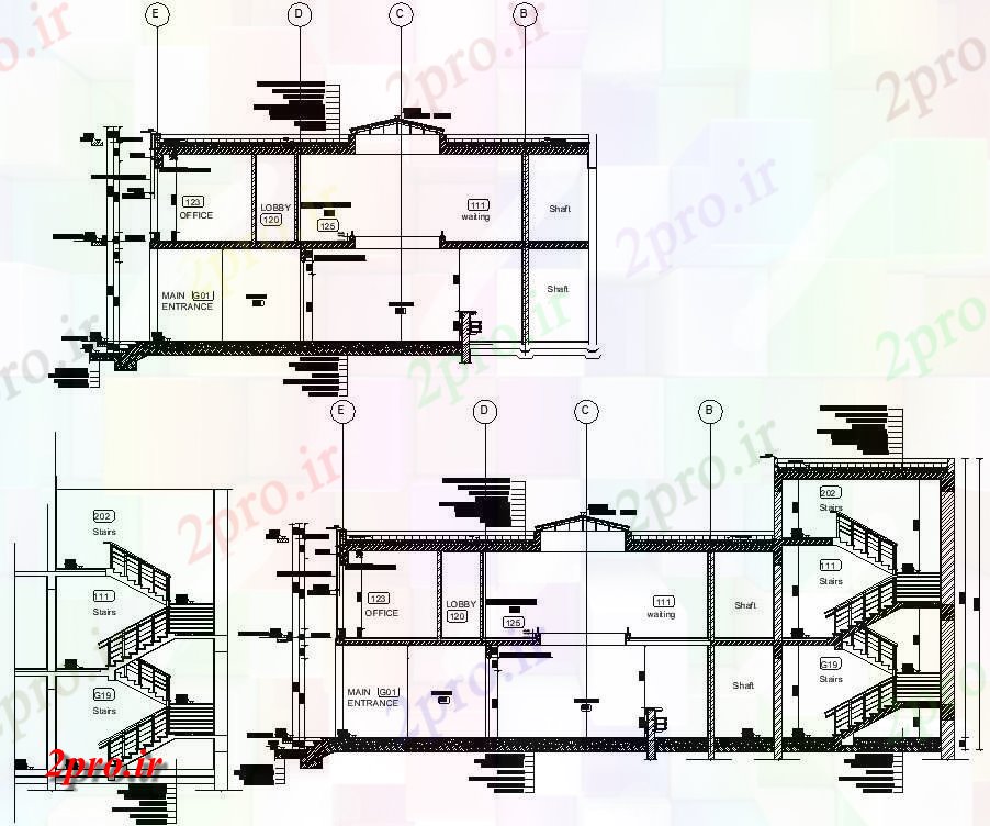 دانلود نقشه پلان مقطعی    فاده از بخش ساختمان اداری جزئیات staircase بیرونی  دو بعدی   (کد159750)