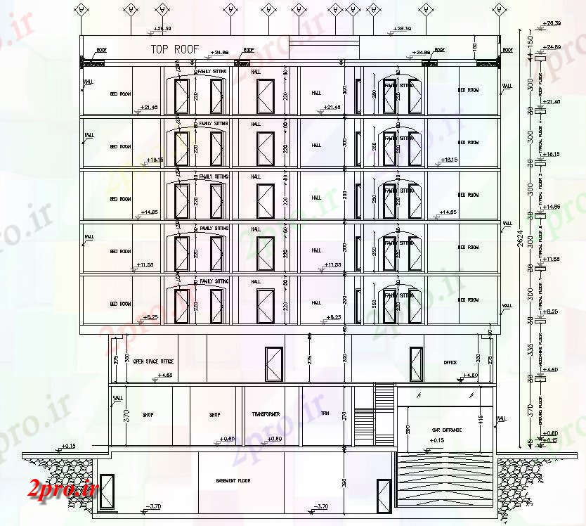 دانلود نقشه پلان مقطعی G + 5 آپارتمان   ساخت و ساز به طرف و بخش  طراحی   دو بعدی   (کد159757)