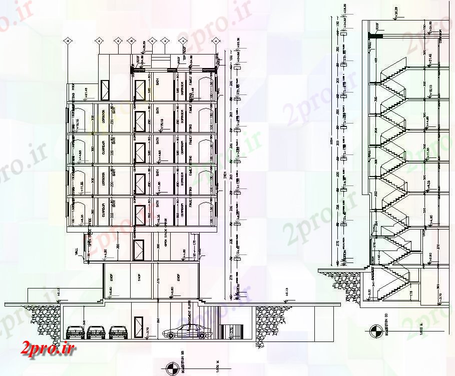 دانلود نقشه پلان مقطعی  طراحی  از G + 5 آپارتمان   ساخت و ساز به طرف و بخش   دو بعدی   (کد159758)