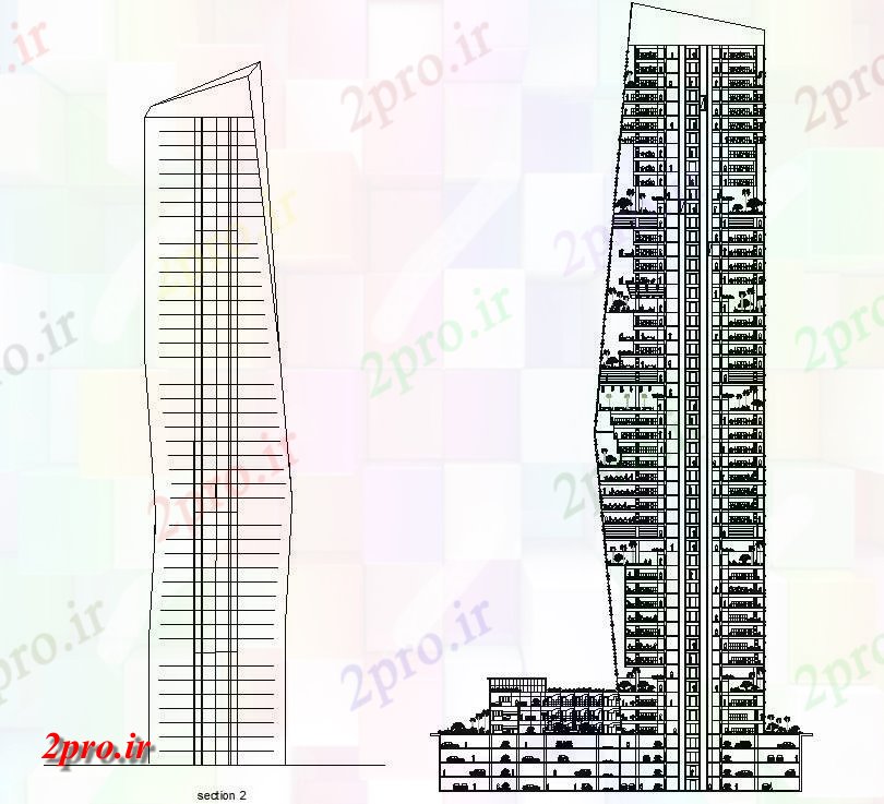 دانلود نقشه ساختمان مرتفعچند دان بلند نما ساختمان و بخش جزئیات اتوکد  طراحی ارائه     دو بعدی   (کد159797)