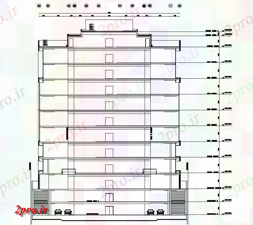 دانلود نقشه پلان مقطعی اتوکد  طراحی از G + 11 نما آپارتمان   و بخش جزئیات ارائه     دو بعدی   (کد159805)