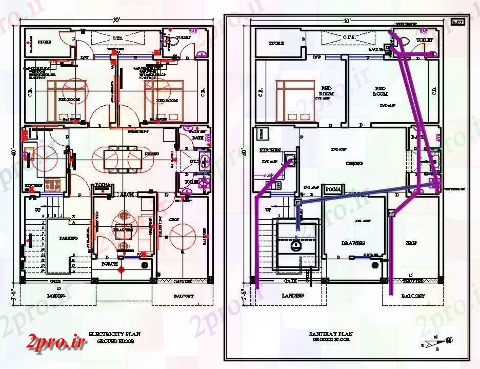 دانلود نقشه مسکونی ، ویلایی ، آپارتمان خانه مسکونی طرحی 30'x40، 9 در 11 متر (کد159859)