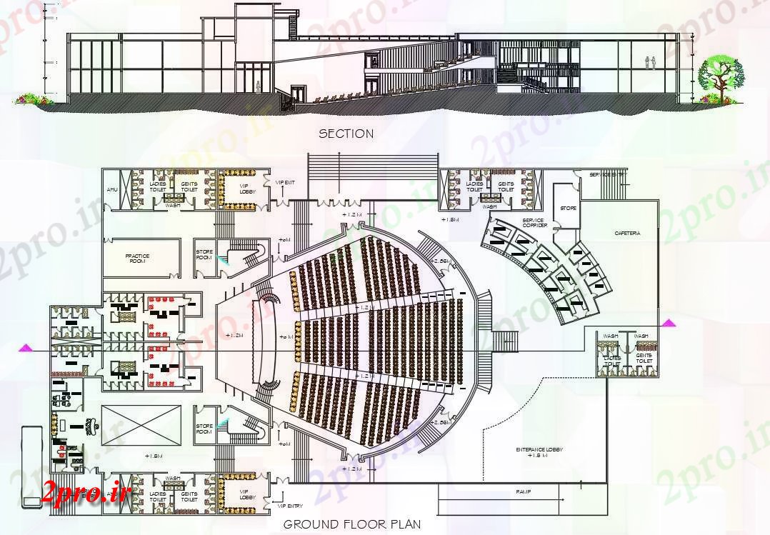 دانلود نقشه طرحی سالن و بخش را برای 52 در 92 متر (کد159866)