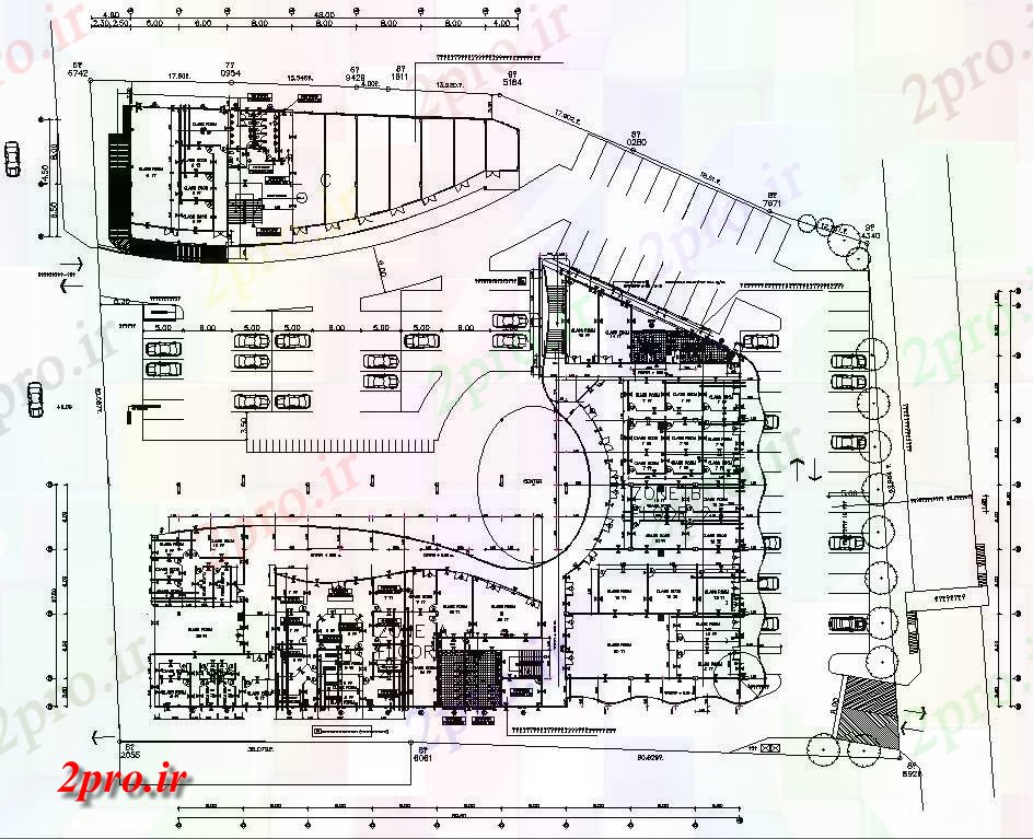 دانلود نقشه دانشگاه ، آموزشکده ، موسسه - فاده از طرحی طبقه ساختمان دانشکده با پارکینگ ماشین دو بعدی جزئیات 74 در 74 متر (کد159871)