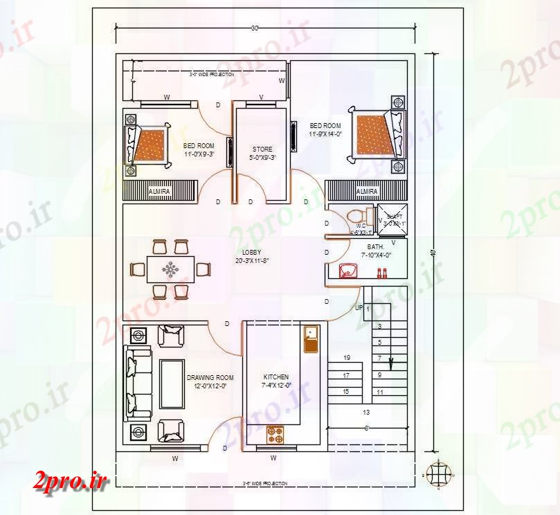 دانلود نقشه مسکونی ، ویلایی ، آپارتمان X40 پا شمالی 2 BHK خانه طبقه همکف 9 در 12 متر (کد159934)