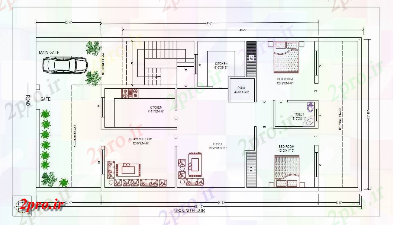 دانلود نقشه مسکونی ، ویلایی ، آپارتمان X66 پا خانه Gorun Foor طرحی با مبلمان نشیمن 9 در 20 متر (کد159938)
