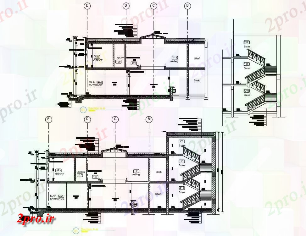 دانلود نقشه پلان مقطعی اتوکد    از G + 1 به طرف ساختمان و جزئیات بخش    (کد159945)