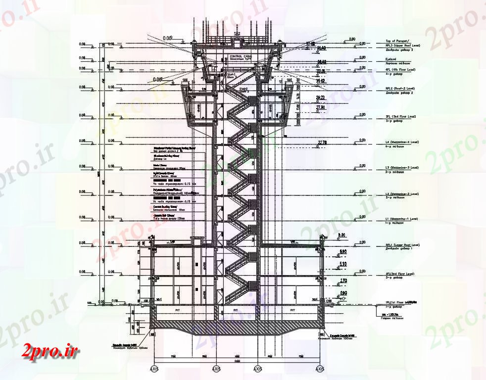 دانلود نقشه پلان مقطعی    دو بعدی  از برج به طرف راه پله و بخش  (کد159958)