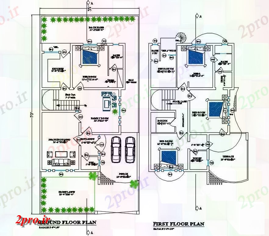 دانلود نقشه مسکونی ، ویلایی ، آپارتمان X70 'خانه طبقه همکف و طبقه اول طرحی با مبلمان چیدمان نشیمن 10 در 21 متر (کد159980)