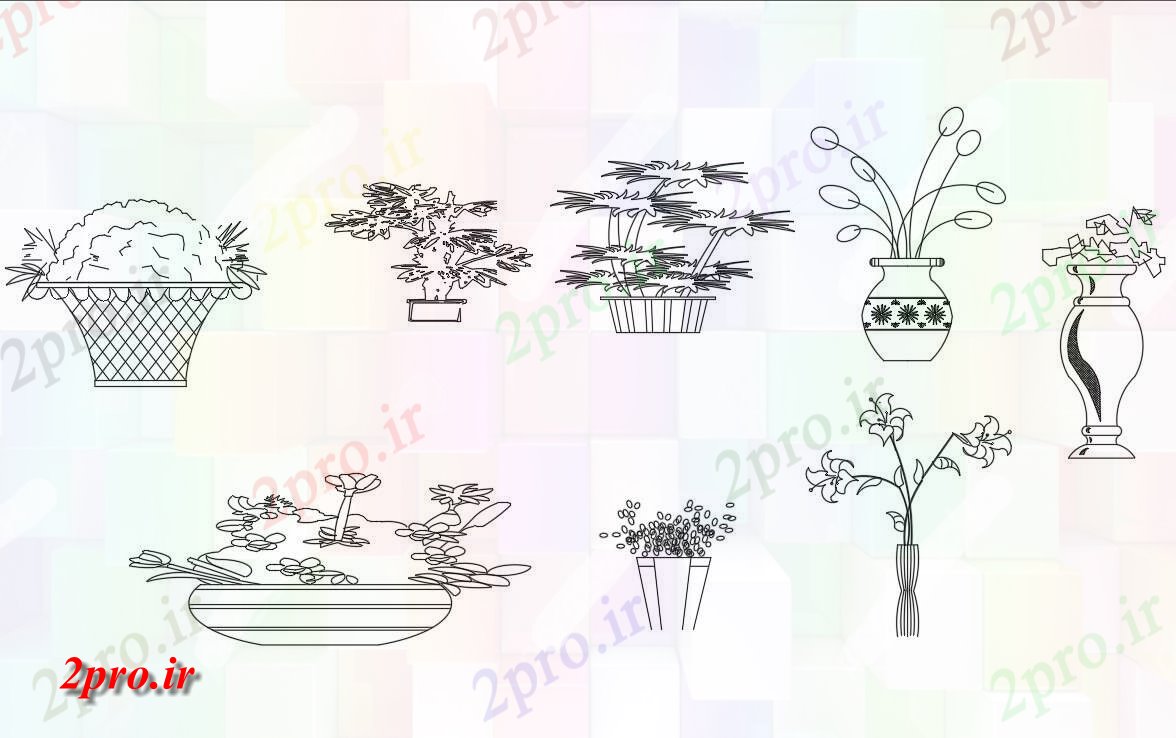 دانلود نقشه درختان و گیاهان اتوکد    داشتن جزئیات گیاهان زیبا دو بعدی  طرحی بلوک با گلدان،   (کد160005)