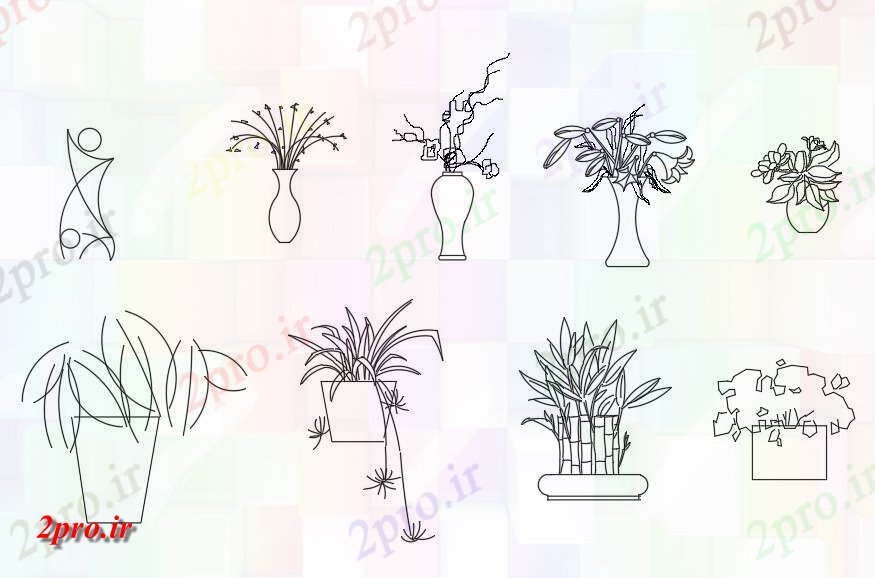 دانلود نقشه درختان و گیاهان  اتوکد دو بعدی : رسم داشتن جزئیات گیاهان زیبا با گلدان طرحی بلوک دو بعدی ،   (کد160006)
