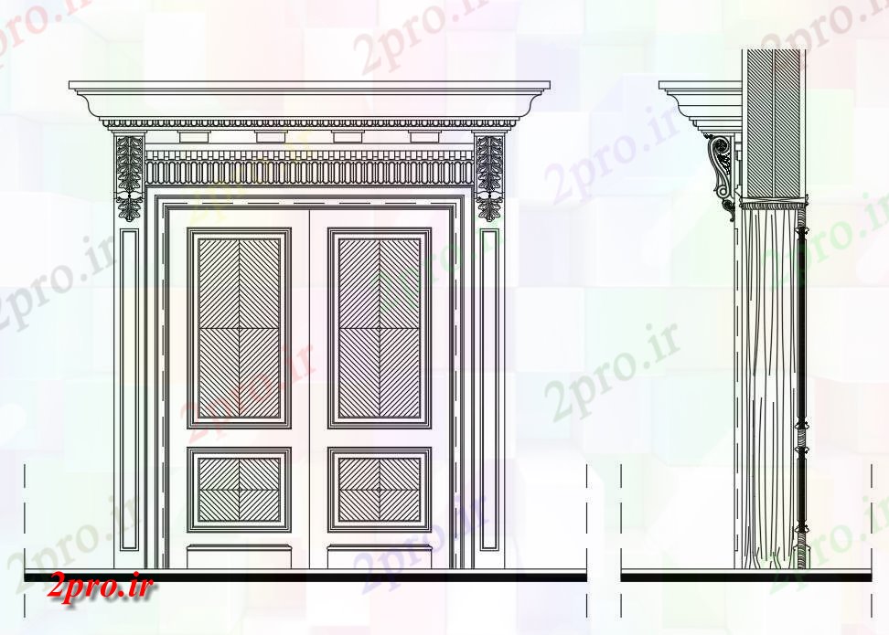 دانلود نقشه جزئیات طراحی در و پنجره  زیبا بلوک دو درب با طراحی ستون سمت  طراحی    (کد160010)