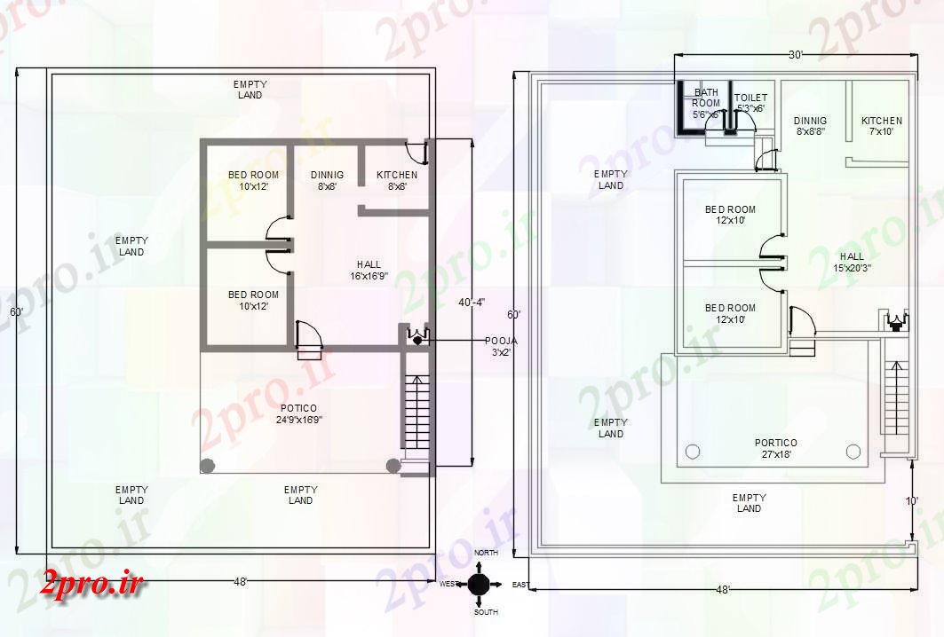 دانلود نقشه مسکونی ، ویلایی ، آپارتمان جنوبی روبرو 2 BHK خانه طرحی طبقه اتوکد 14 در 18 متر (کد160017)