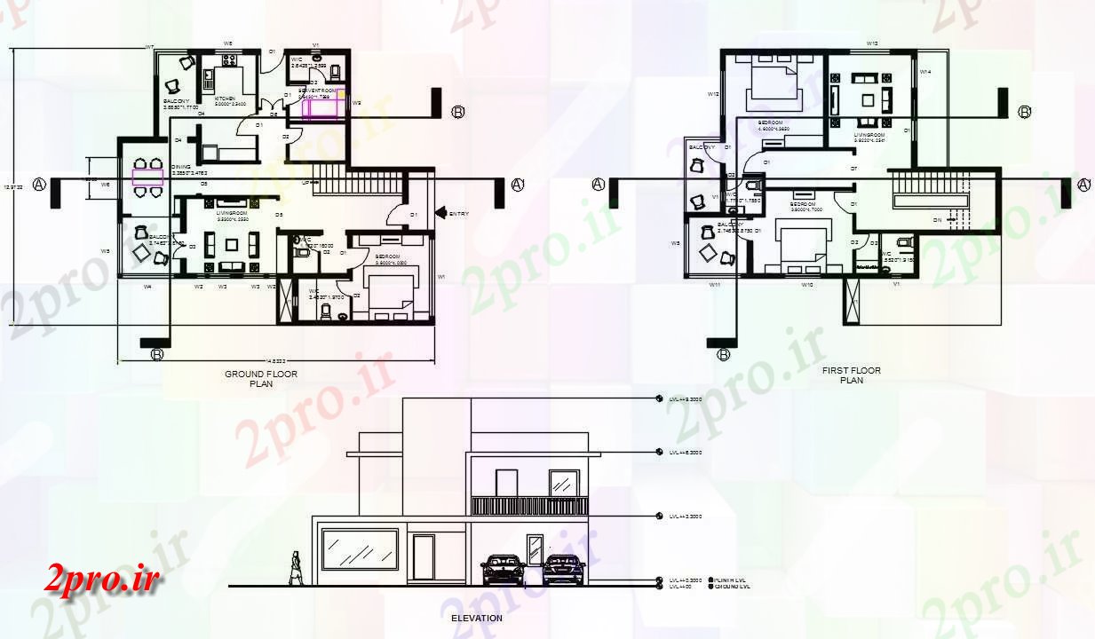 دانلود نقشه مسکونی ، ویلایی ، آپارتمان خانه طبقه همکف و طبقه اول طرحی با جبهه نمای 13 در 18 متر (کد160020)
