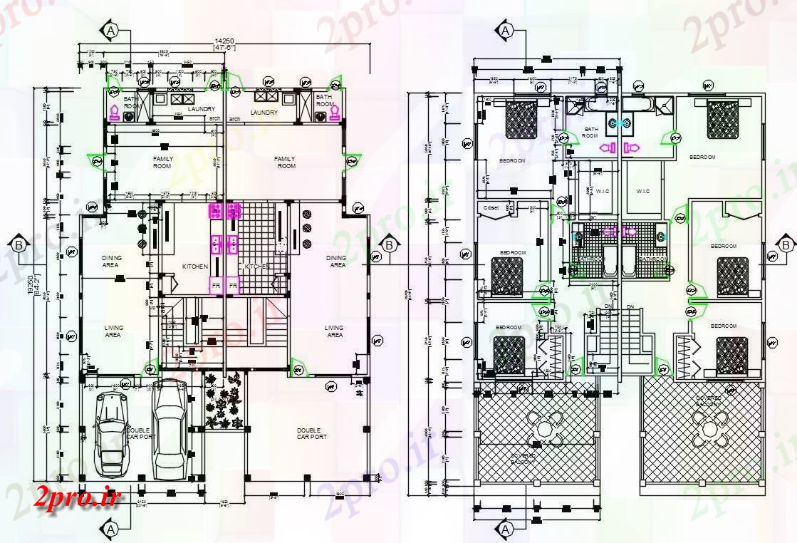 دانلود نقشه مسکونی ، ویلایی ، آپارتمان پارکینگ ماشین خانه طبقه همکف و طبقه اول 14 در 20 متر (کد160021)