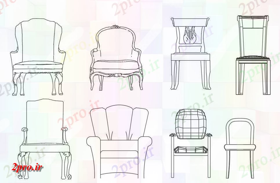 دانلود نقشه بلوک مبلمان انواع مختلف پر زرق و برق از طراحی صندلی دو بعدی  مبلمان    (کد160031)