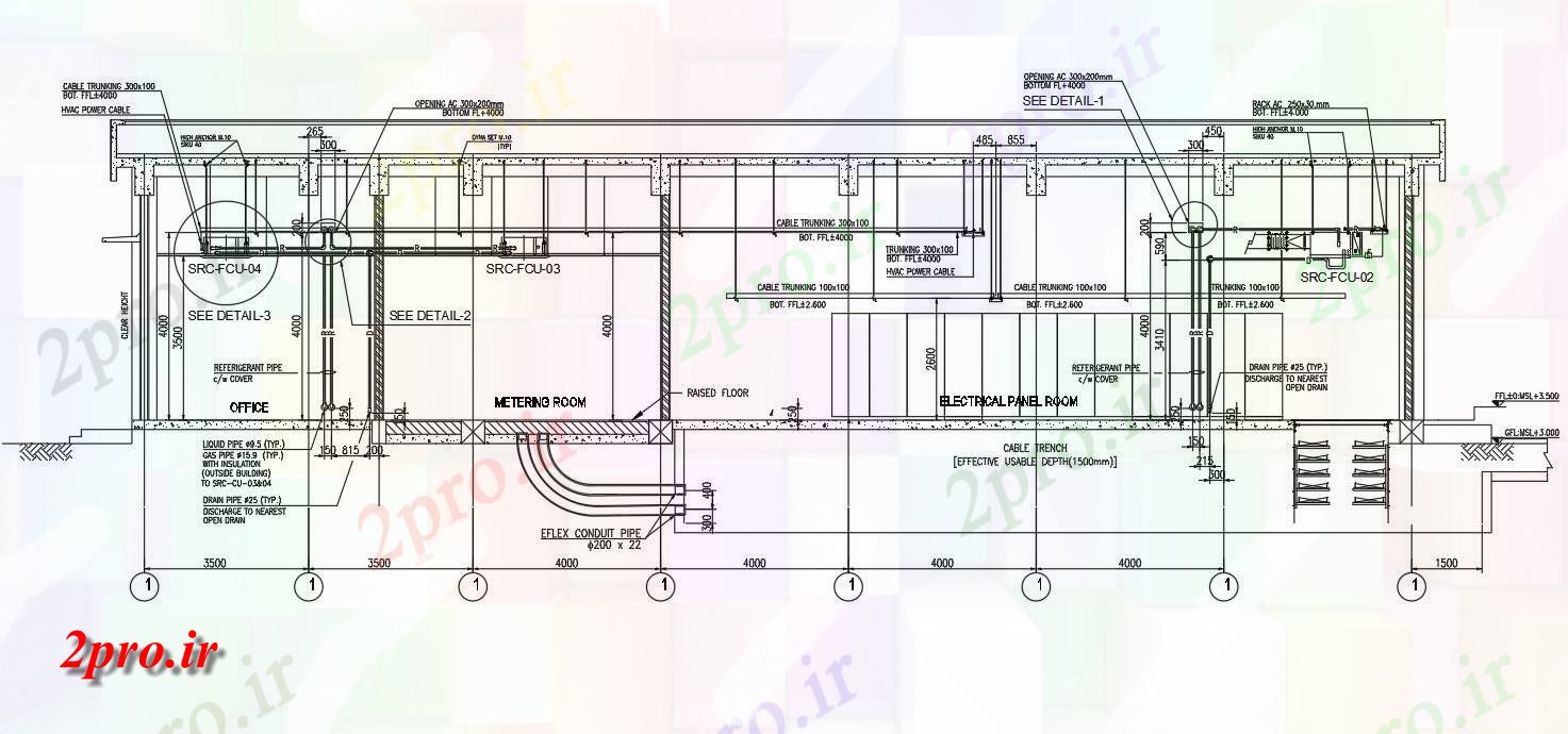 دانلود نقشه تاسیسات برق از اتاق تابلو های برق و اندازه گیری جزئیات اتاق دو بعدی 5 در 27 متر (کد160069)
