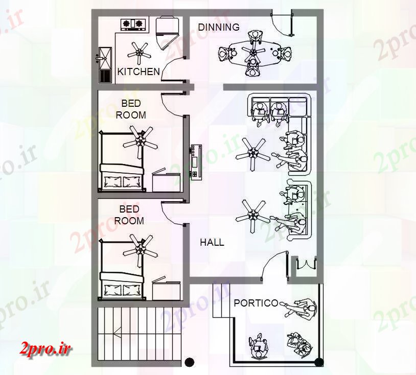 دانلود نقشه مسکونی ، ویلایی ، آپارتمان شمالی 2 BHK خانه طرحی با مبلمان چیدمان 8 در 12 متر (کد160071)