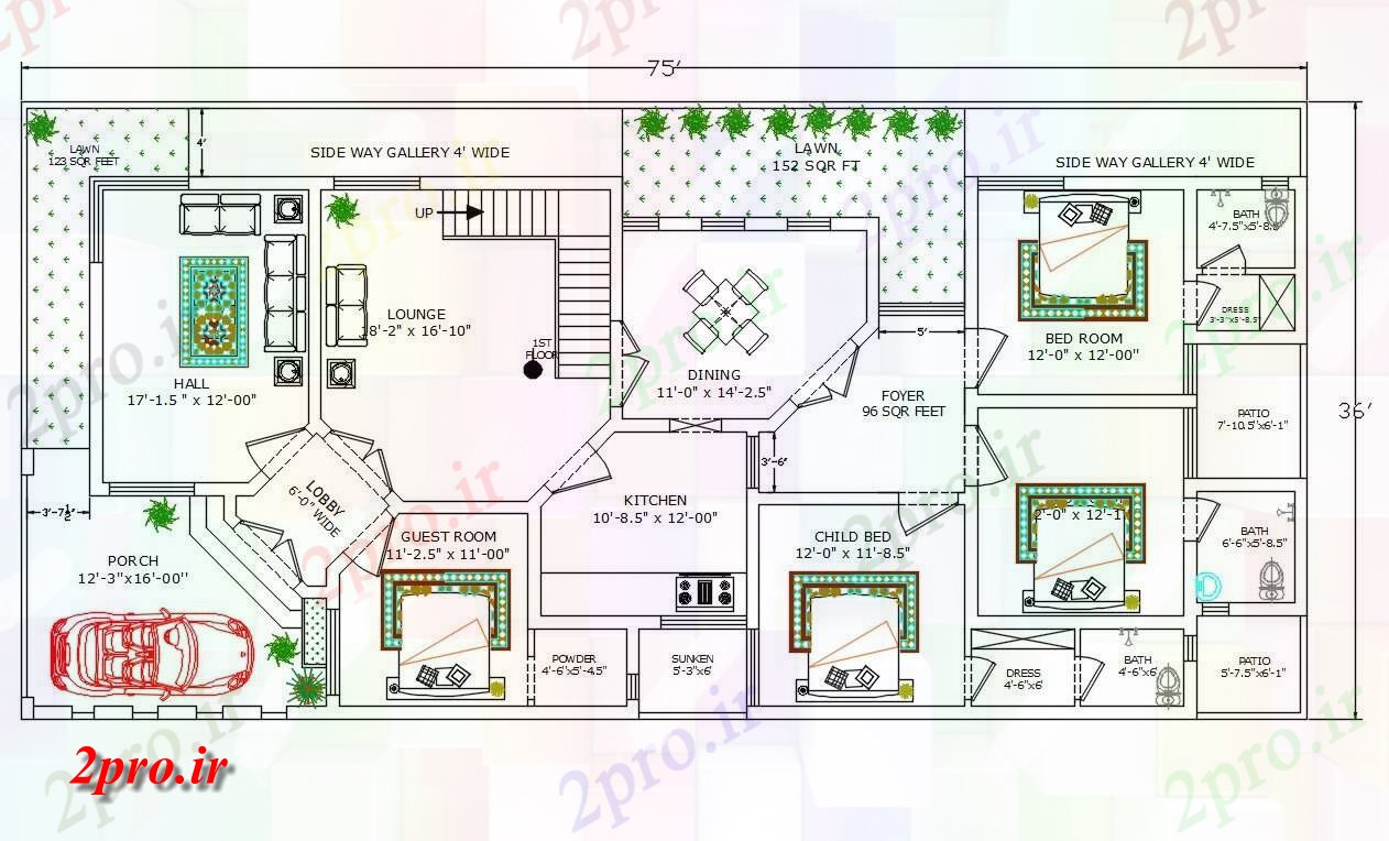دانلود نقشه مسکونی ، ویلایی ، آپارتمان فوت مربع خانه طبقه همکف طرحی با مبلمان نشیمن 11 در 22 متر (کد160072)