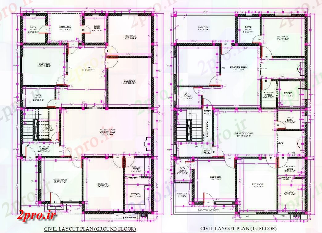 دانلود نقشه مسکونی ، ویلایی ، آپارتمان طرحی 40X60 خانه چیدمان داخلی طبقه همکف و اول نشیمن طبقه 12 در 18 متر (کد160098)