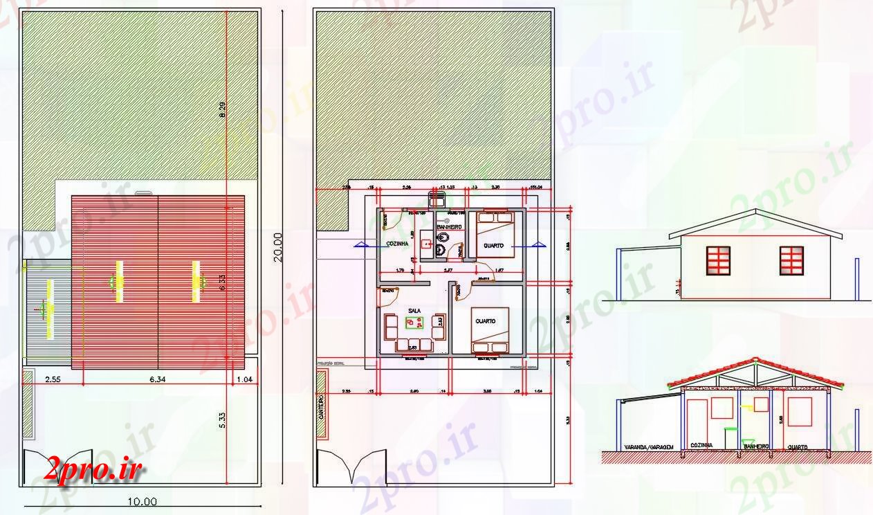 دانلود نقشه مسکونی ، ویلایی ، آپارتمان X20 متر خانه طرحی و بخشی نمای نشیمن 6 در 6 متر (کد160100)