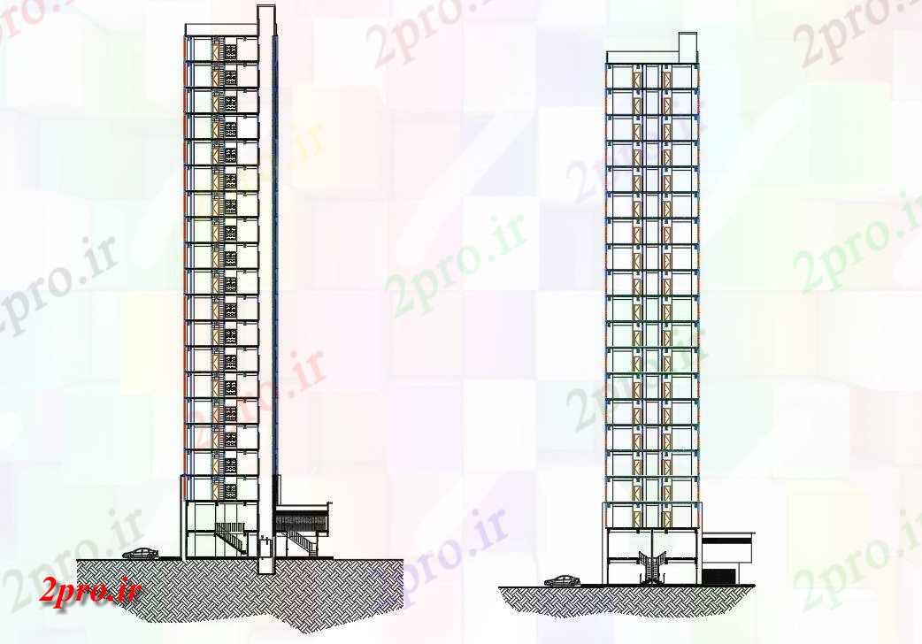 دانلود نقشه پلان مقطعی چند دان بلند برج دو بخش ساختمان معماری جزئیات اتوکد  طراحی     دو بعدی   (کد160120)