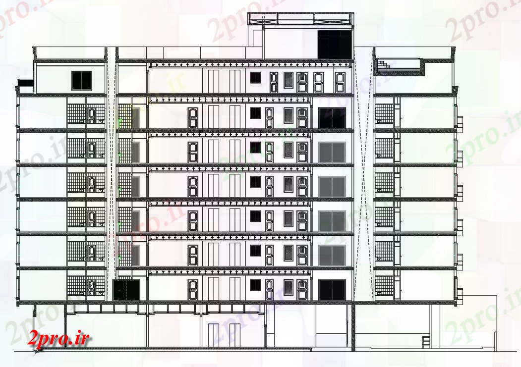 دانلود نقشه پلان مقطعی شگفت انگیز G + 7 بخش ساختمان و نما جزئیات معماری اتوکد  طراحی     دو بعدی   (کد160125)