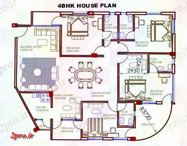 دانلود نقشه مسکونی  ، ویلایی ، آپارتمان  BHK خانه با مبلمان   (کد160150)