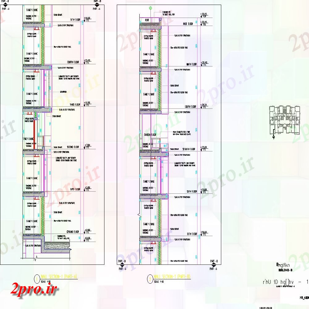 دانلود نقشه پلان مقطعی  بخش معماری دیوار از G + 9 دفتر ساختمان  اتوکد    (کد160155)